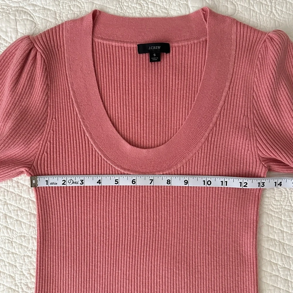 J.Crew Pink Puff-Sleeve Silk-Blend Short Sleeve Ribbed Knit Top Sweater